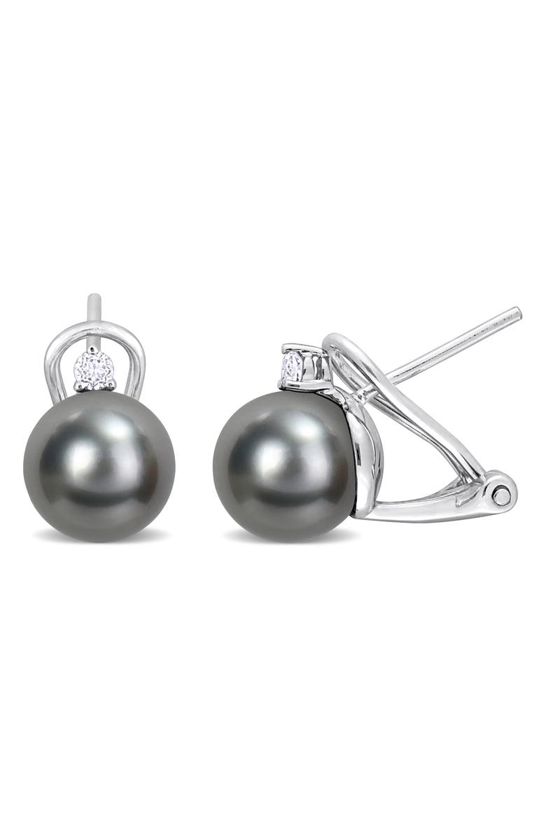 DELMAR Sterling Silver 8–8.5mm Cultured Black Tahitian Pearl & White Topaz Stud Earrings, Main, color, Black