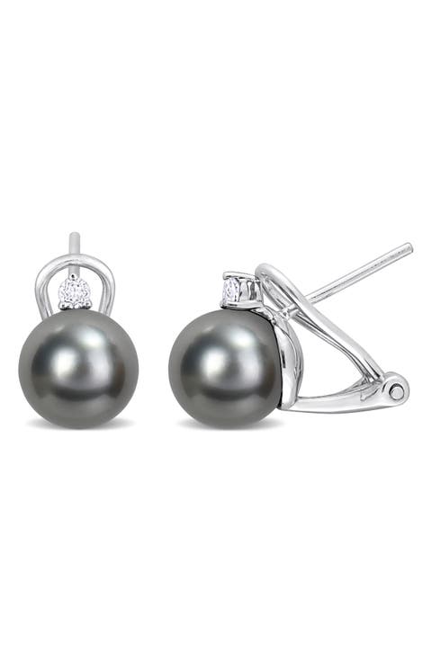 Sterling Silver 8–8.5mm Cultured Black Tahitian Pearl & White Topaz Stud Earrings