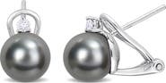 DELMAR Sterling Silver 8–8.5mm Cultured Black Tahitian Pearl & White Topaz Stud Earrings