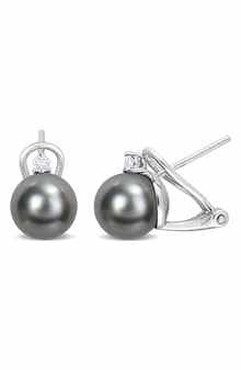 DELMAR Sterling Silver 8–8.5mm Cultured Black Tahitian Pearl & White Topaz Stud Earrings