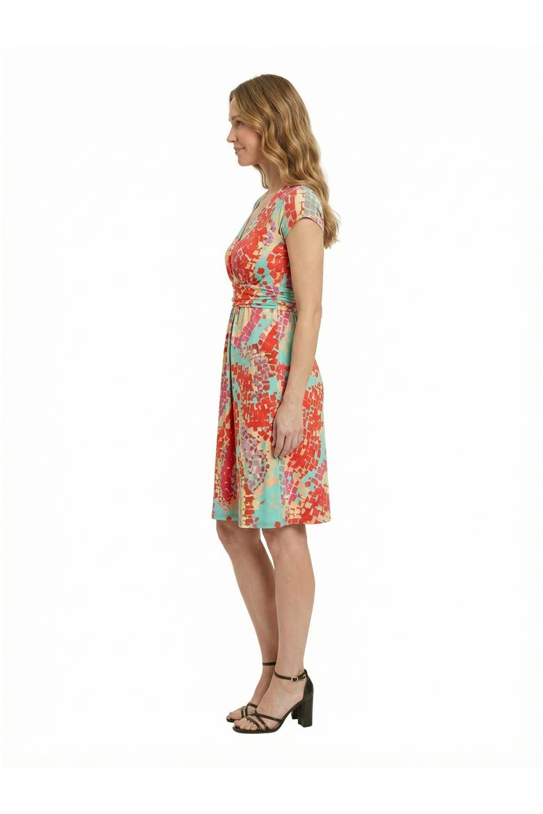 Essential Petite Mosaic V-Neck Cap Sleeve Knee Length A-Line Pocket Dress, Alternate, color, Blue Multi
