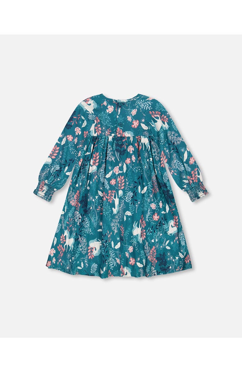 Deux par Deux Girl's Puffy Long Sleeve Viscose Dress Turquoise Printed Fairy Unicorn, Alternate, color,