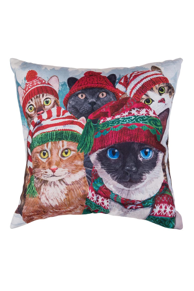 Winter Cats In Knitted Holiday Hats Christmas Throw Pillow 18" x 18", Main, color, Red