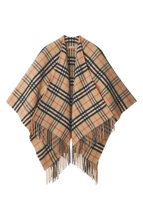 Burberry Charlotte Cape With Plaid Pattern And Fringe In Sand