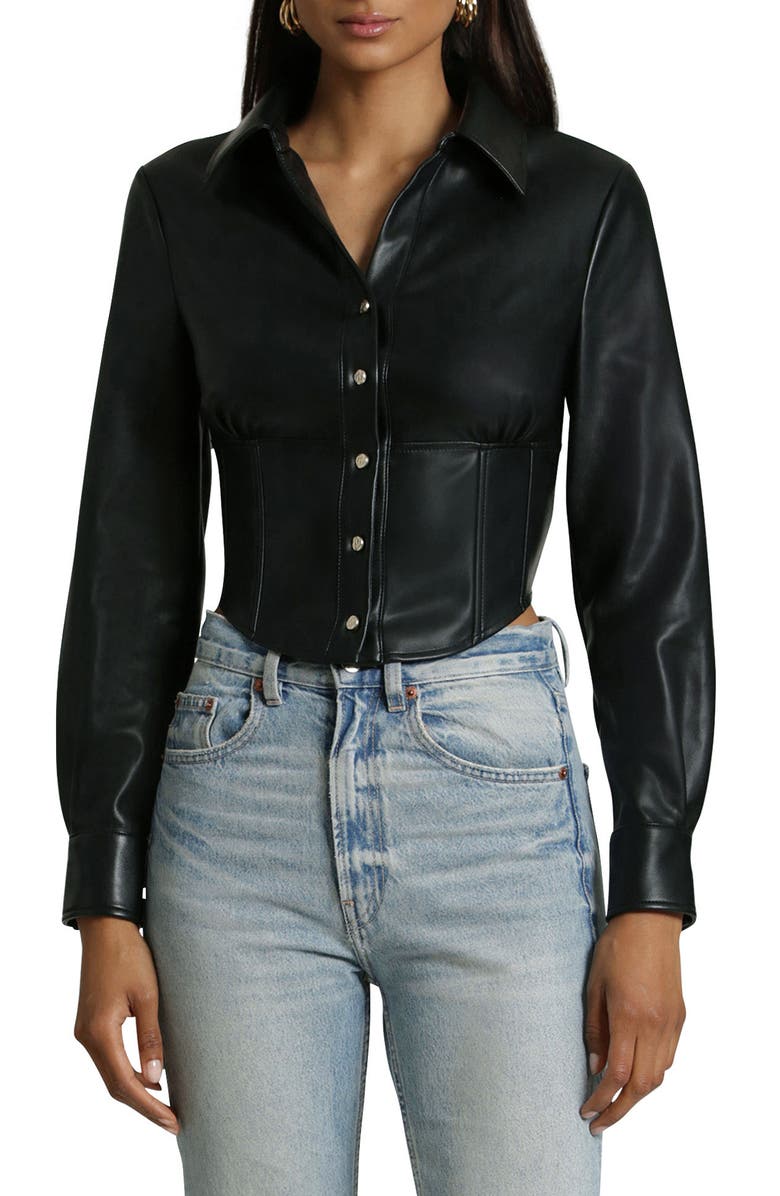 Avec Les Filles Faux-Ever Leather<sup>™</sup> Long Sleeve Cropped Corset Shirt, Main, color,