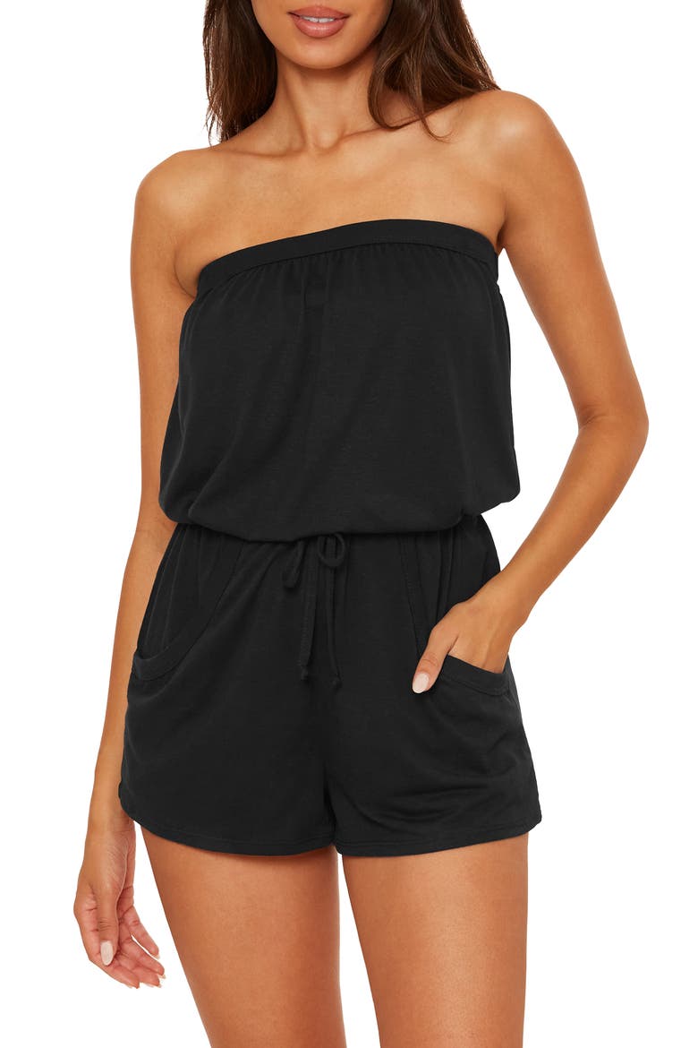 Beach Date Strapless Cover-Up Romper, Main, color, BLACK