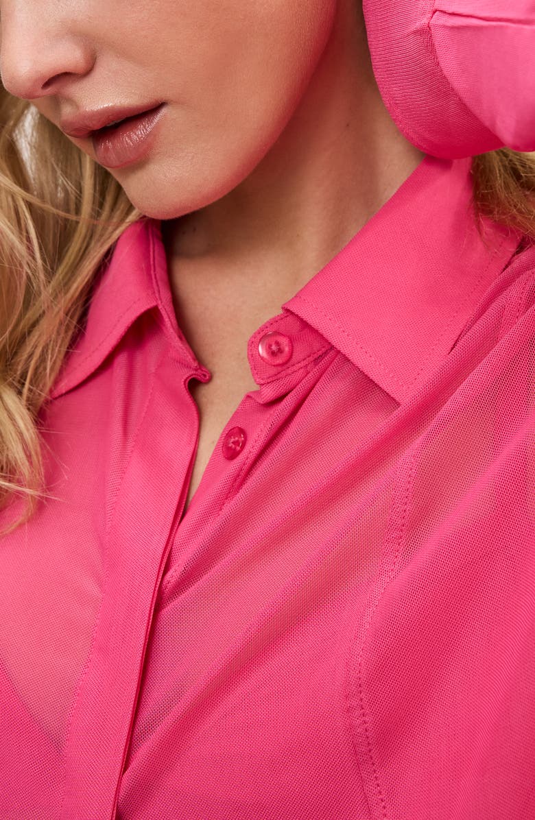 Good American Sheer Mesh Button-Up Shirt, Alternate, color, Ballerina Pink004