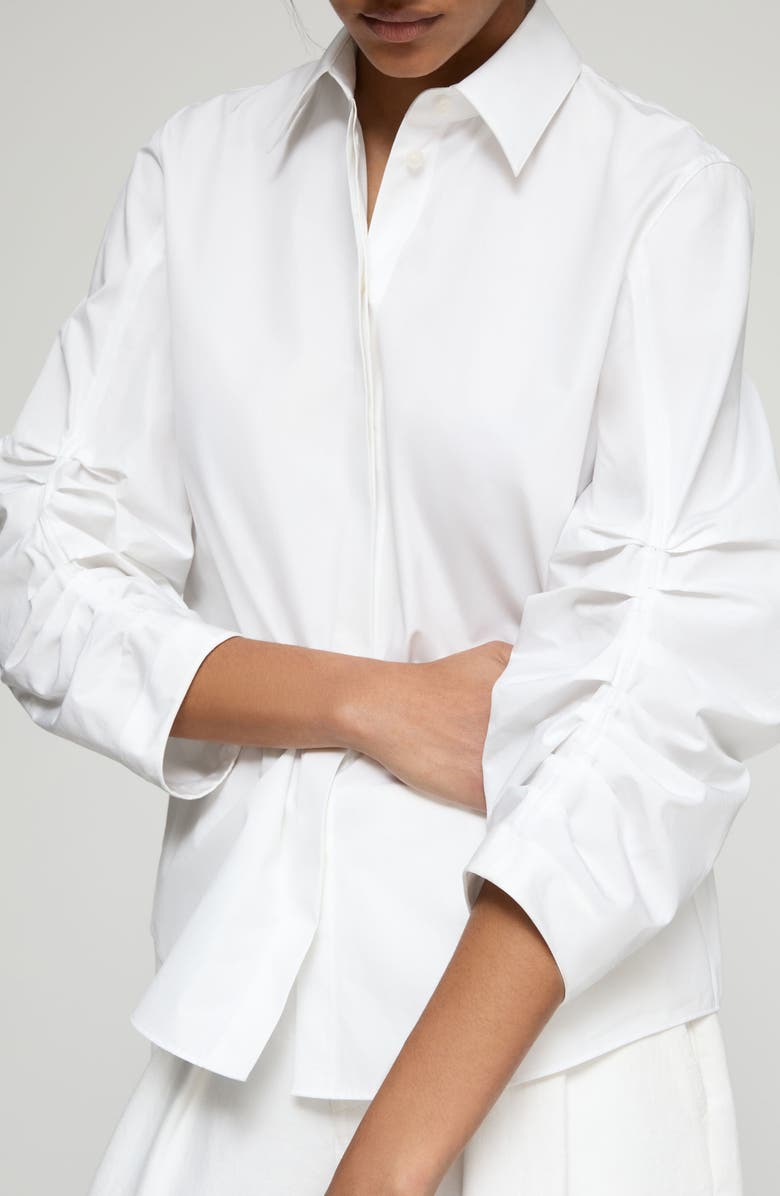 Lafayette 148 New York Ruched Sleeve Cotton Poplin Button-Up Shirt, Alternate, color, White