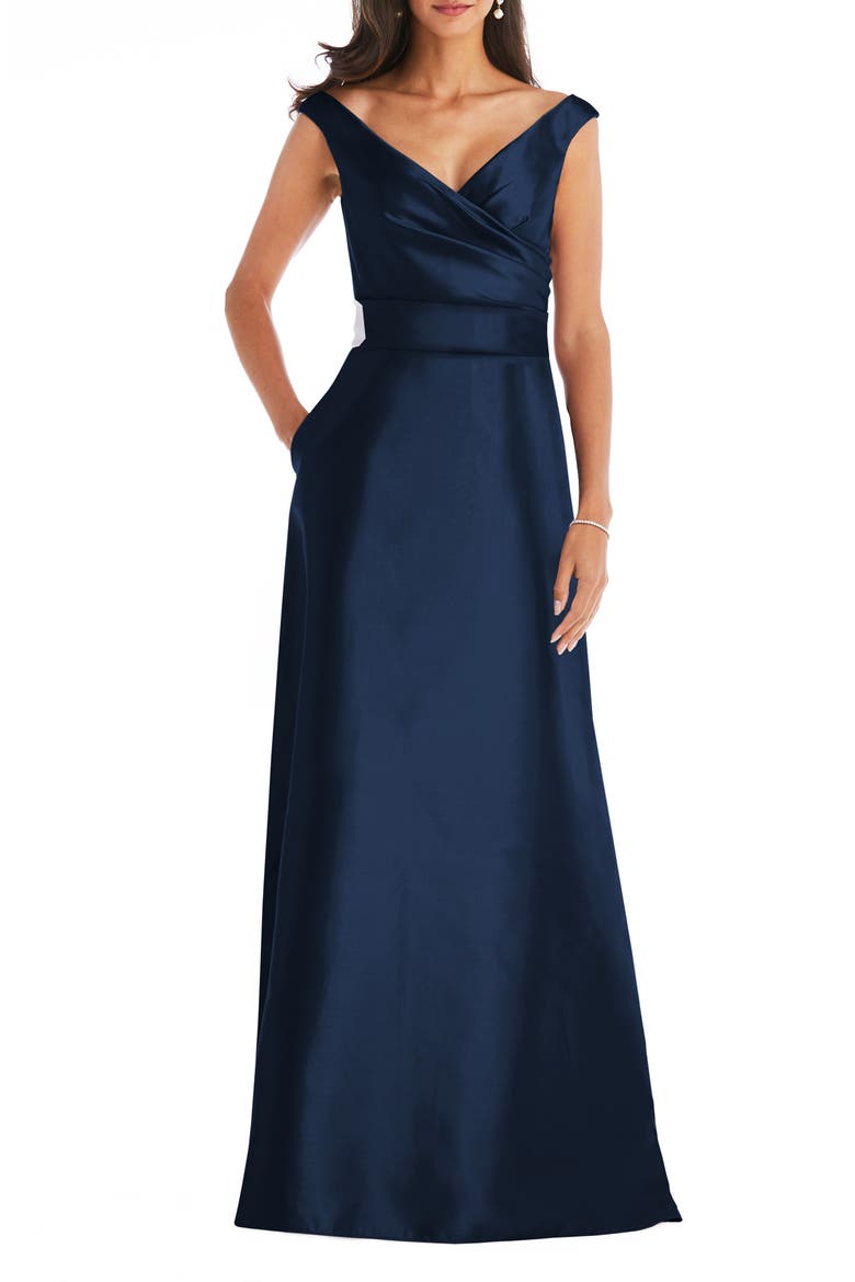 Off the Shoulder Satin Gown, Main, color, MIDNIGHT
