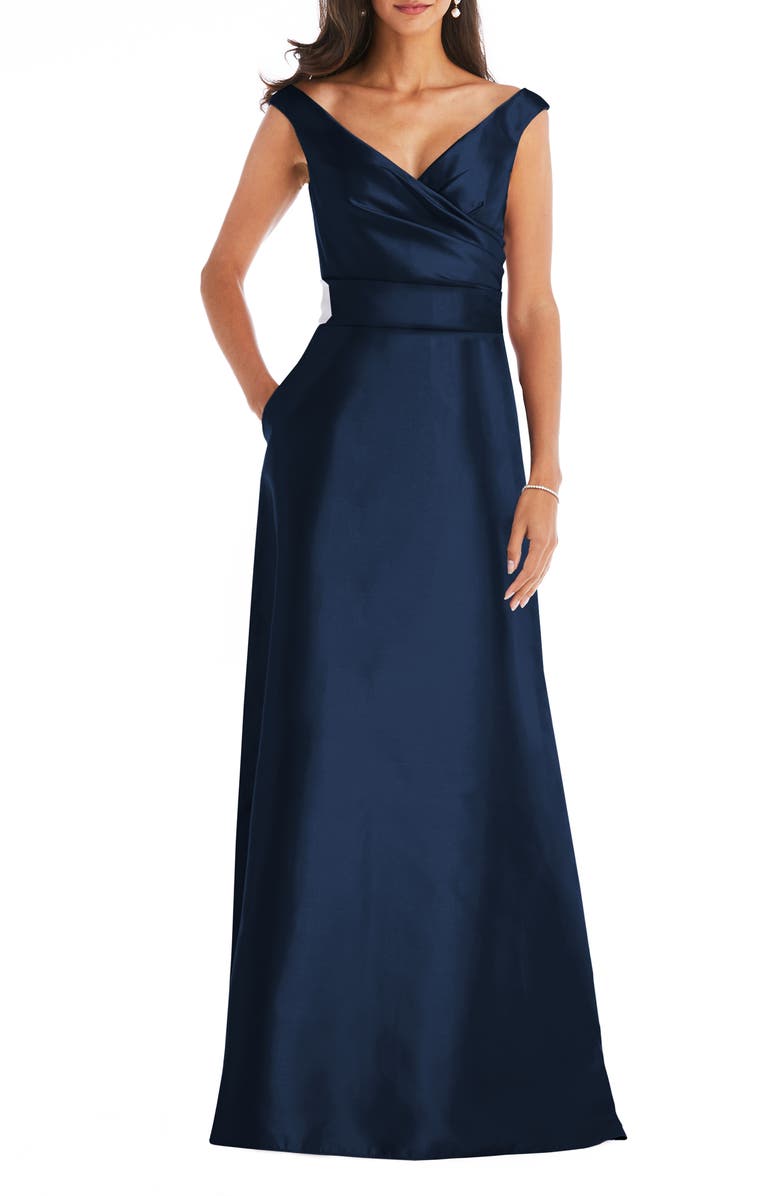 Alfred Sung Off the Shoulder Satin Gown, Main, color, Midnight
