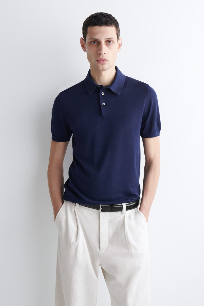 Slim Knitted Silk Polo Shirt, Main, color, BLUE