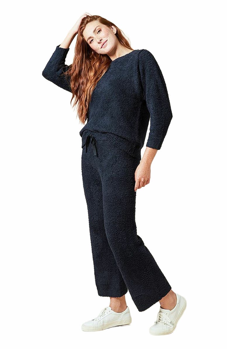 Softies Solid Marshmallow Reverse Seam Crew Neck Lounge Set with Bracelet Sleeve, Alternate, color, Black