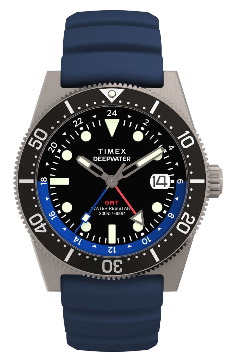 Timex<sup>®</sup> Deepwater Reef GMT Synthetic Strap Watch, 41mm, Main, color, Blue