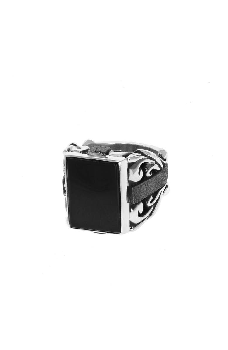 King Baby Studio Onyx Insert Statement Scroll Ring with Flat Smooth Accents, Main, color, Silver