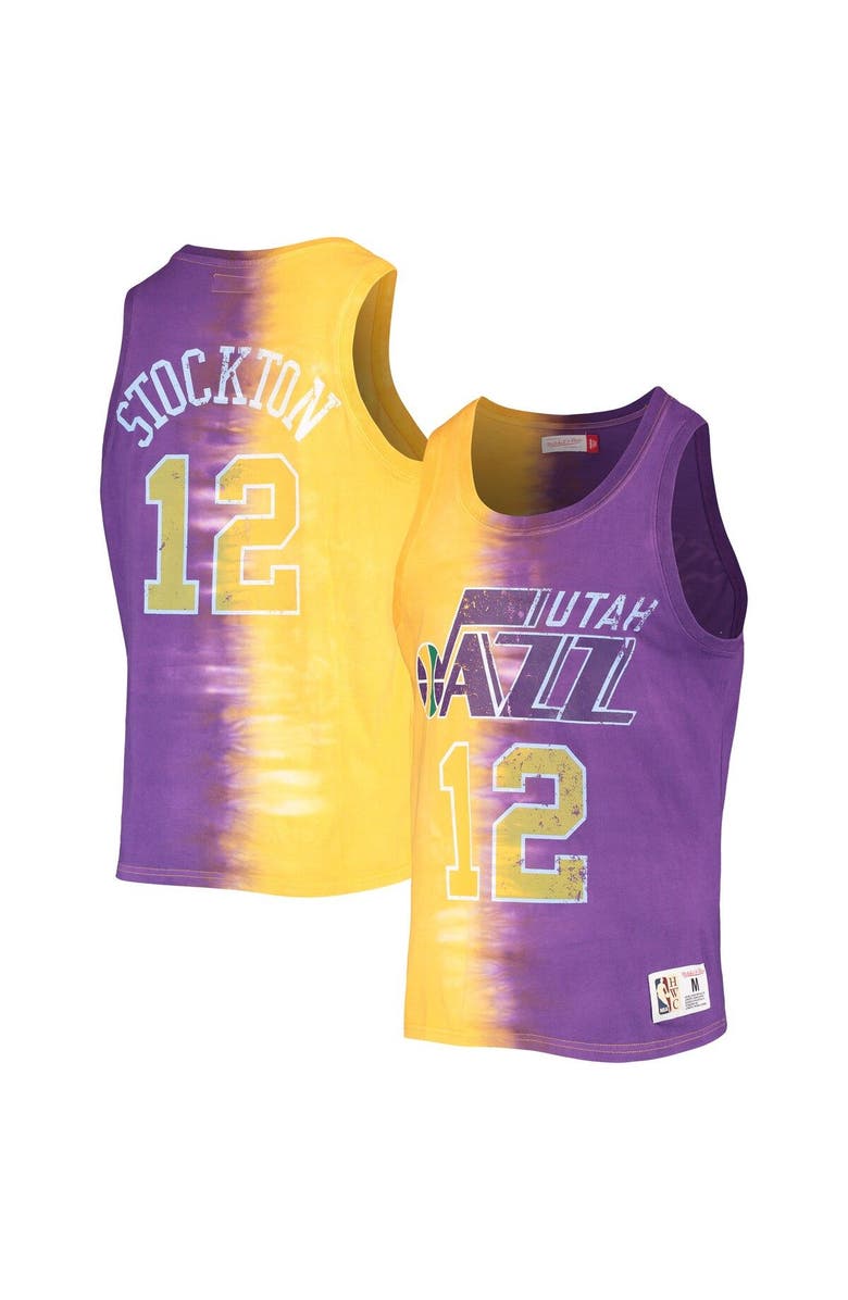 Mitchell & Ness Men's Mitchell & Ness John Stockton Gold/Purple Utah Jazz Hardwood Classics Tie-Dye Name & Number Tank Top, Main, color, 