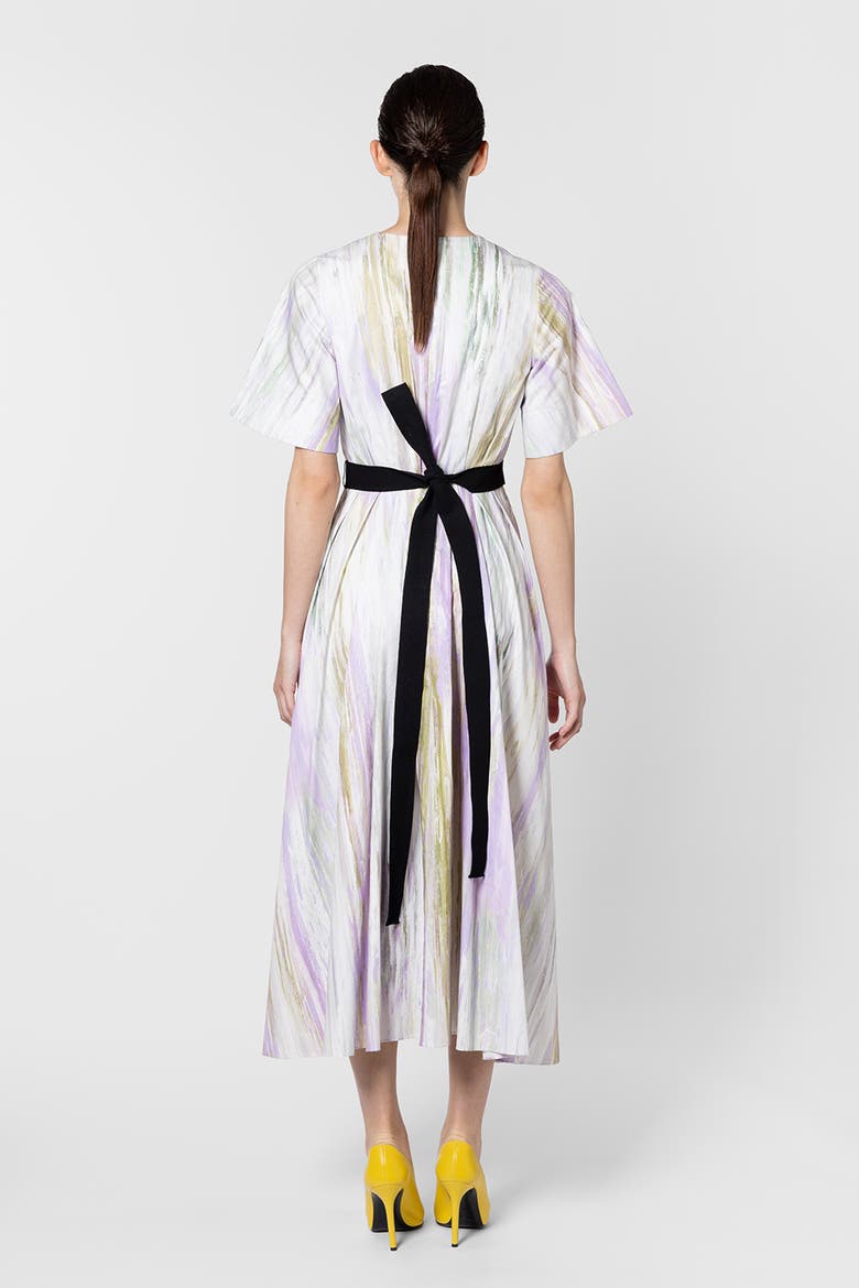 Sana Printed V-Neck Midi Dress, Alternate, color, Brush Chalk / Wisteria