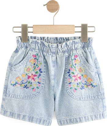 Kids' Floral Embroidery Stripe Denim Shorts