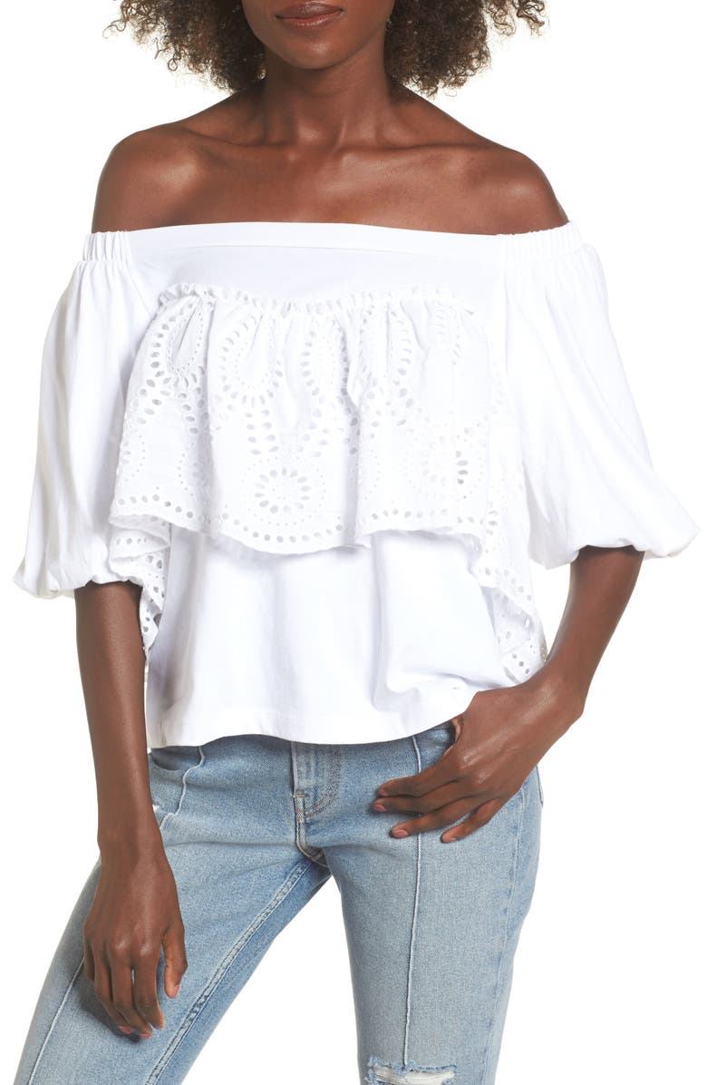 BP. Eyelet Ruffle Off the Shoulder Top, Main, color, 