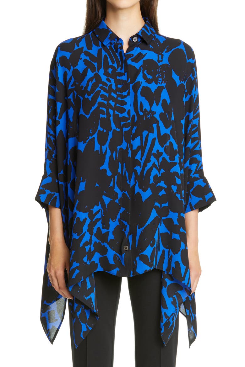 Floral Markings Satin Shirt (Nordstrom Exclusive), Main, color, CAVIAR/ VIVID BLUE