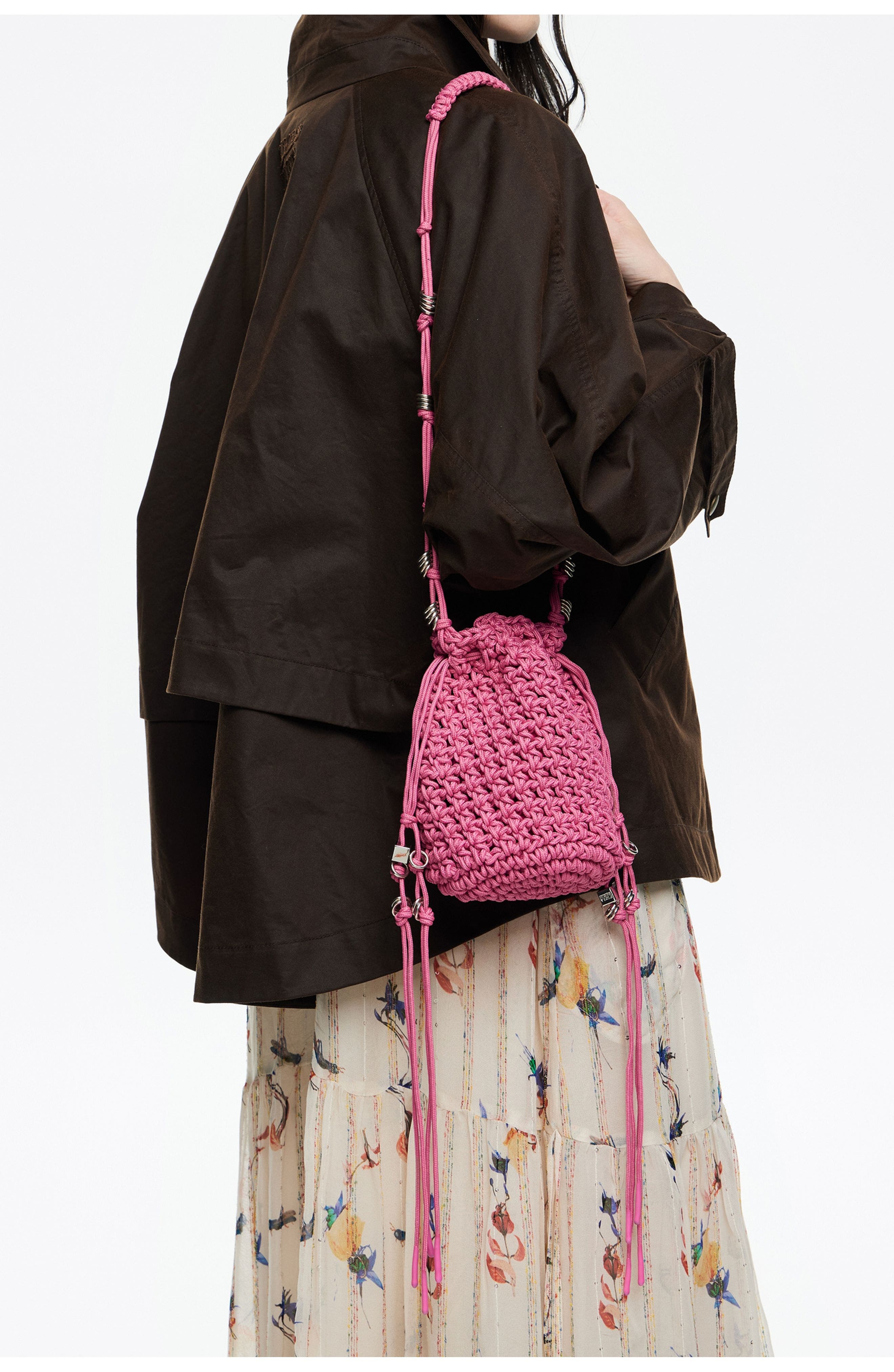 Mini Braided Bucket Bag, Alternate, color, DARK PINK