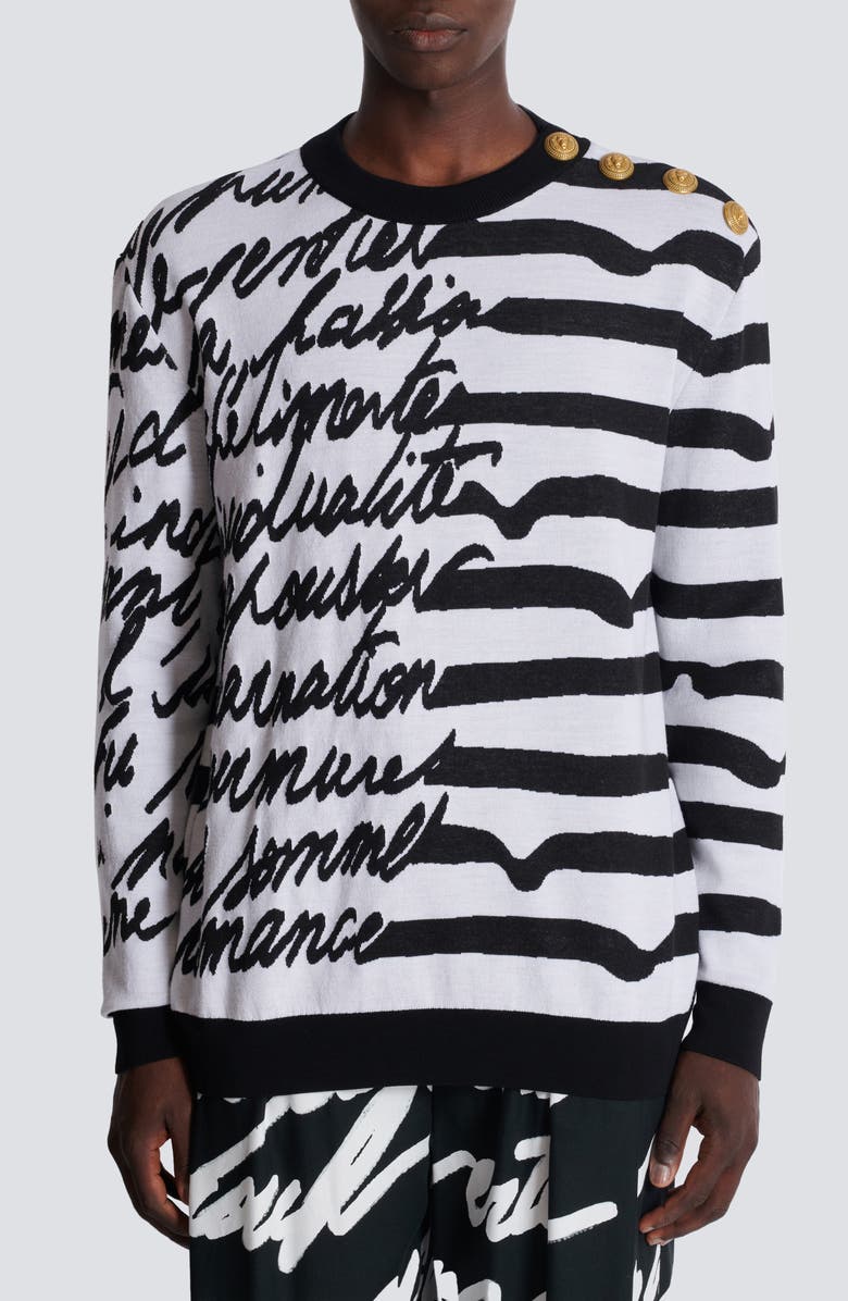 Balmain Love Letter Marinière Stripe Merino Wool Sweater, Main, color, White/ Black