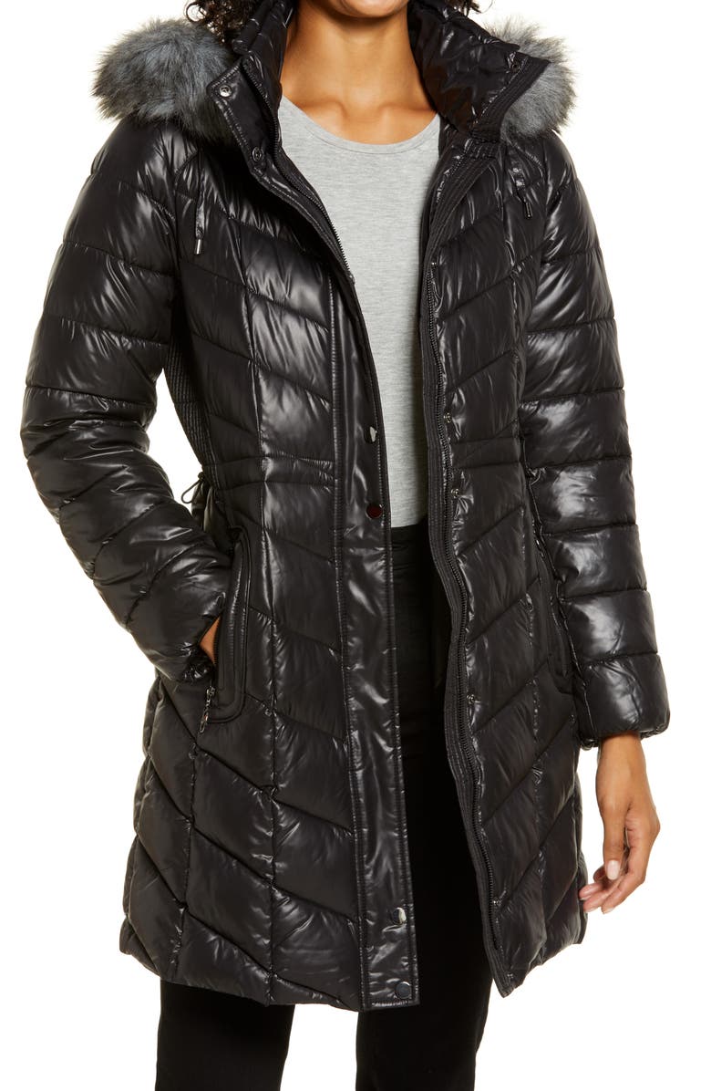 Gallery Faux Fur Trim Hooded Puffer Jacket, Main, color, 