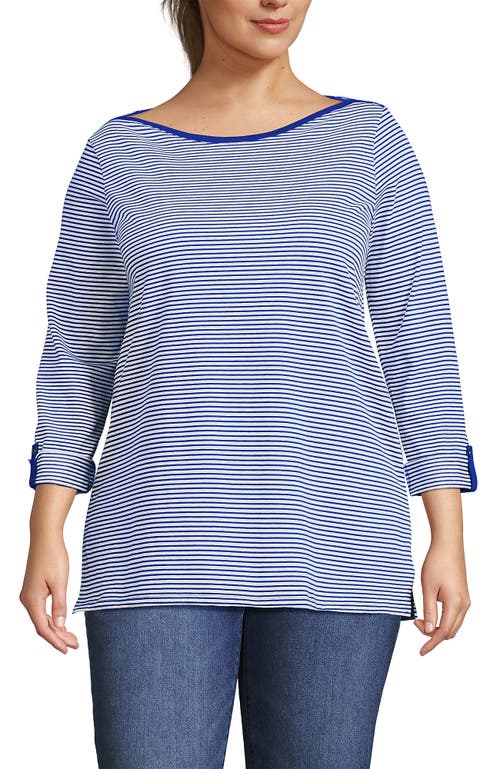 Lands' End Plus Size Supima Cotton Adjustable 3/4 Sleeve Boatneck Tunic In Cobalt/ivory Micro Stripe