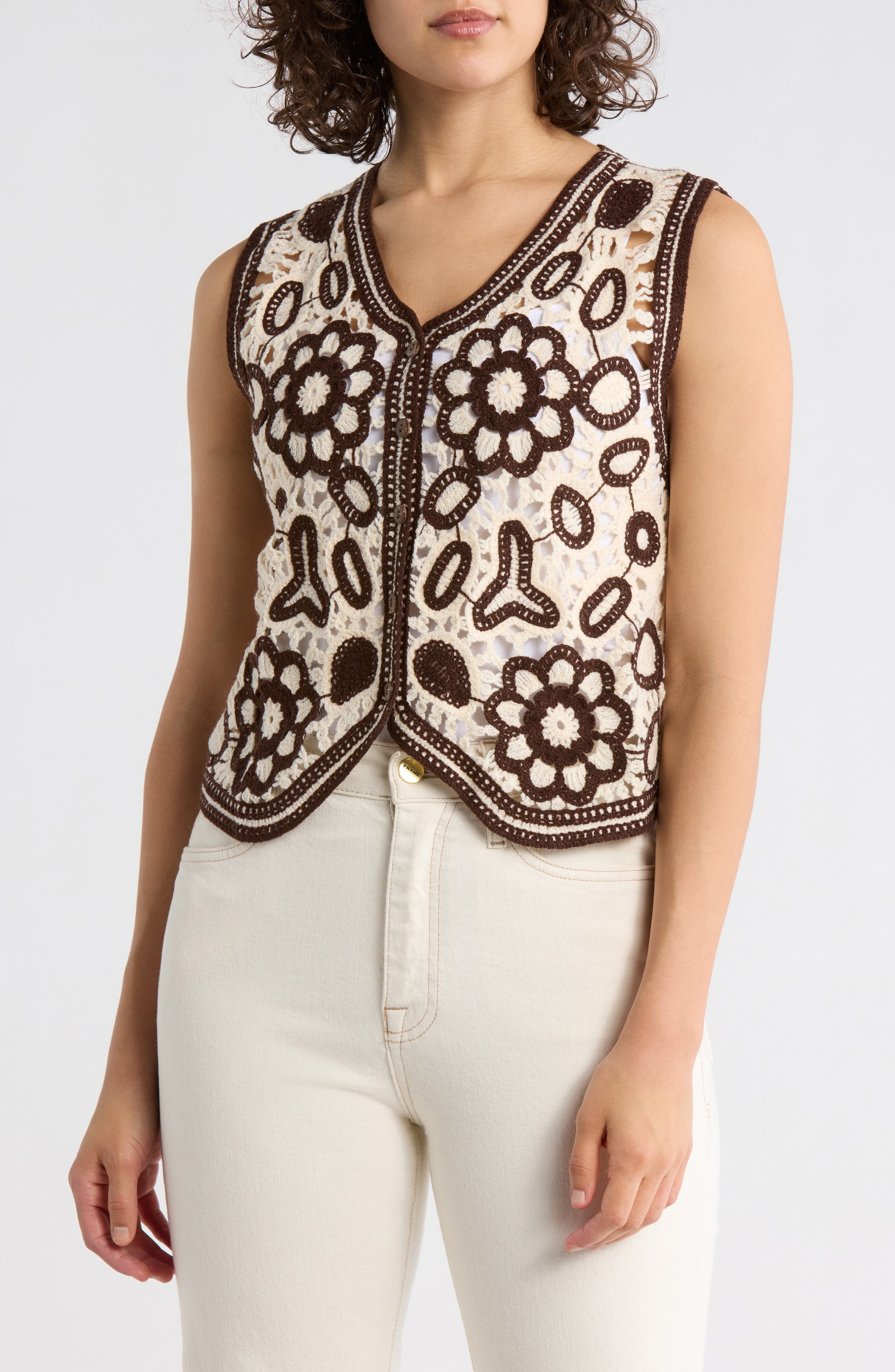 Floral Embroidered Open Knit Button Tank - image 3