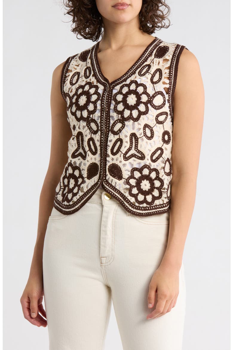 Floral Embroidered Open Knit Button Tank, Main, color, NATURAL/ DARK BROWN