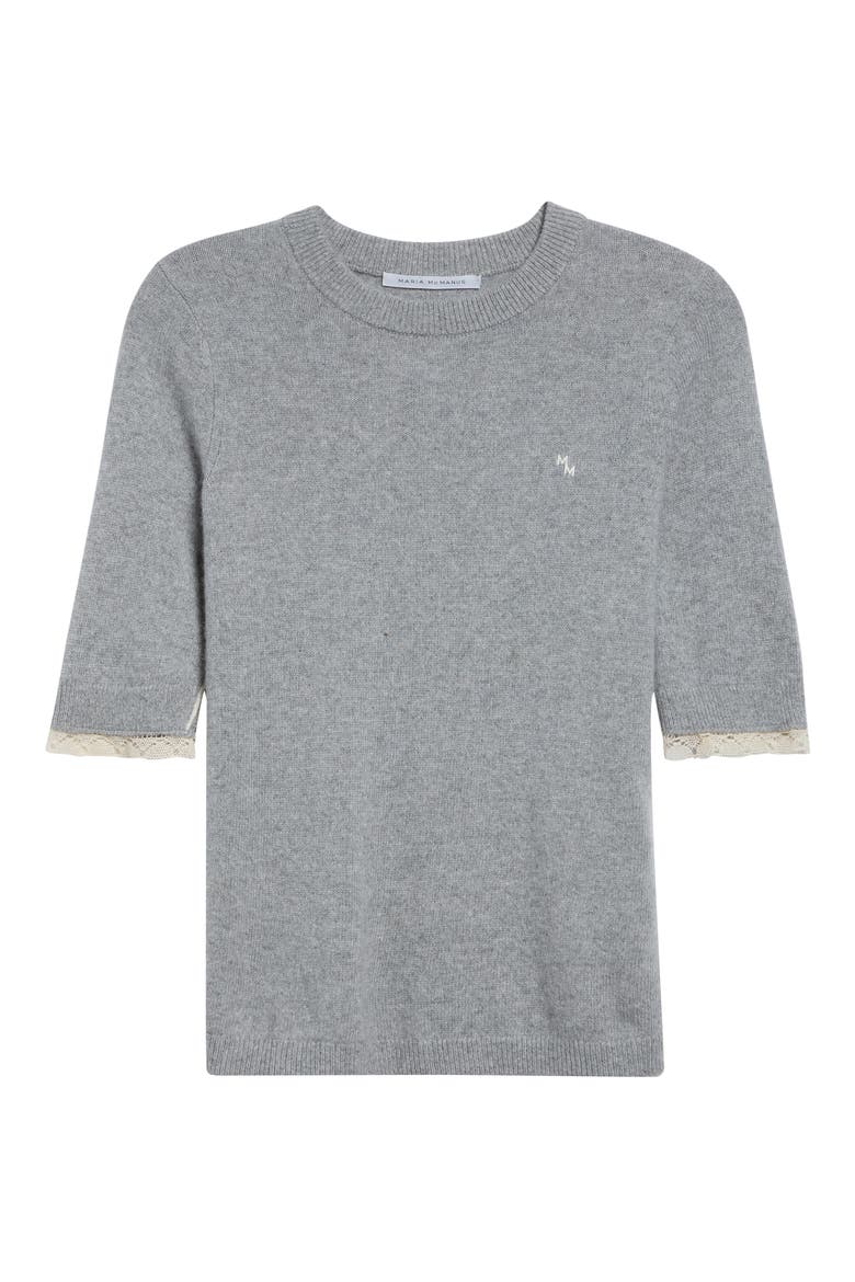 Lace Trim Short Sleeve Recycled Cashmere & Cotton Baby Tee, Alternate, color, GREY LACE