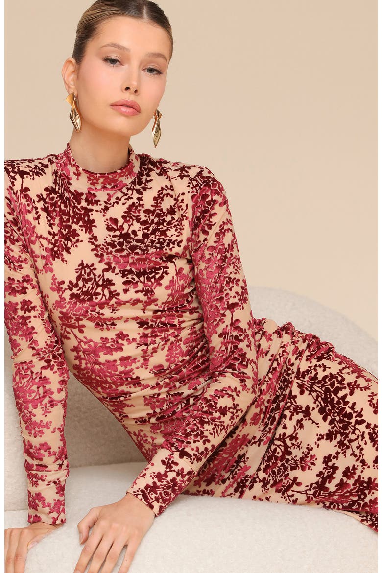 Mock Neck Long Sleeve Burnout Velvet Cocktail Dress, Alternate, color, BURGUNDY