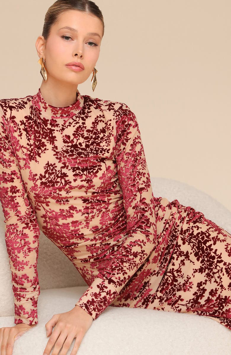 Avec Les Filles Mock Neck Long Sleeve Burnout Velvet Cocktail Dress, Alternate, color, Burgundy