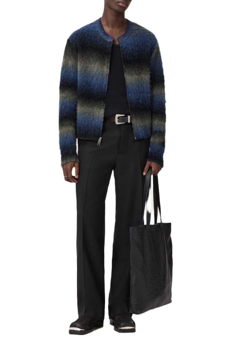 AllSaints Halley Ombré Stripe Crewneck Wool Blend Zip Cardigan, Alternate, color, Blue/ Grey/ Black