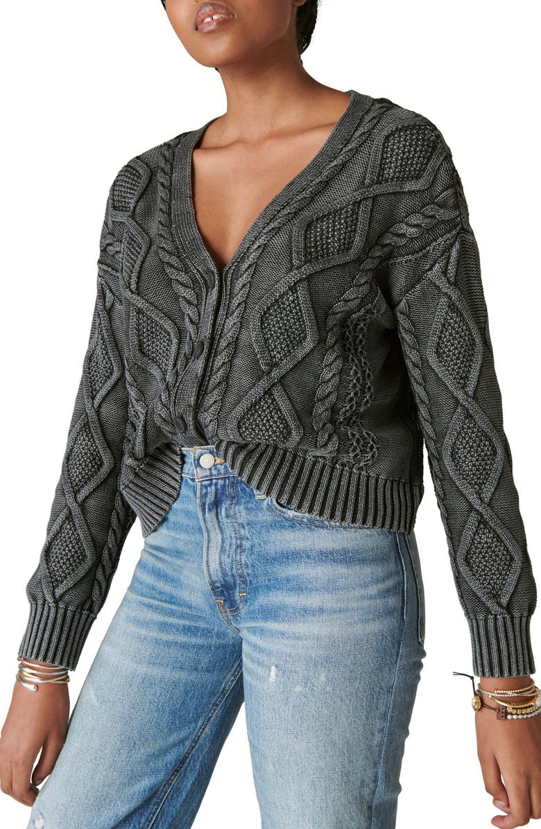 Lucky Brand Cable Stitch Cotton V-Neck Cardigan, Alternate, color, 