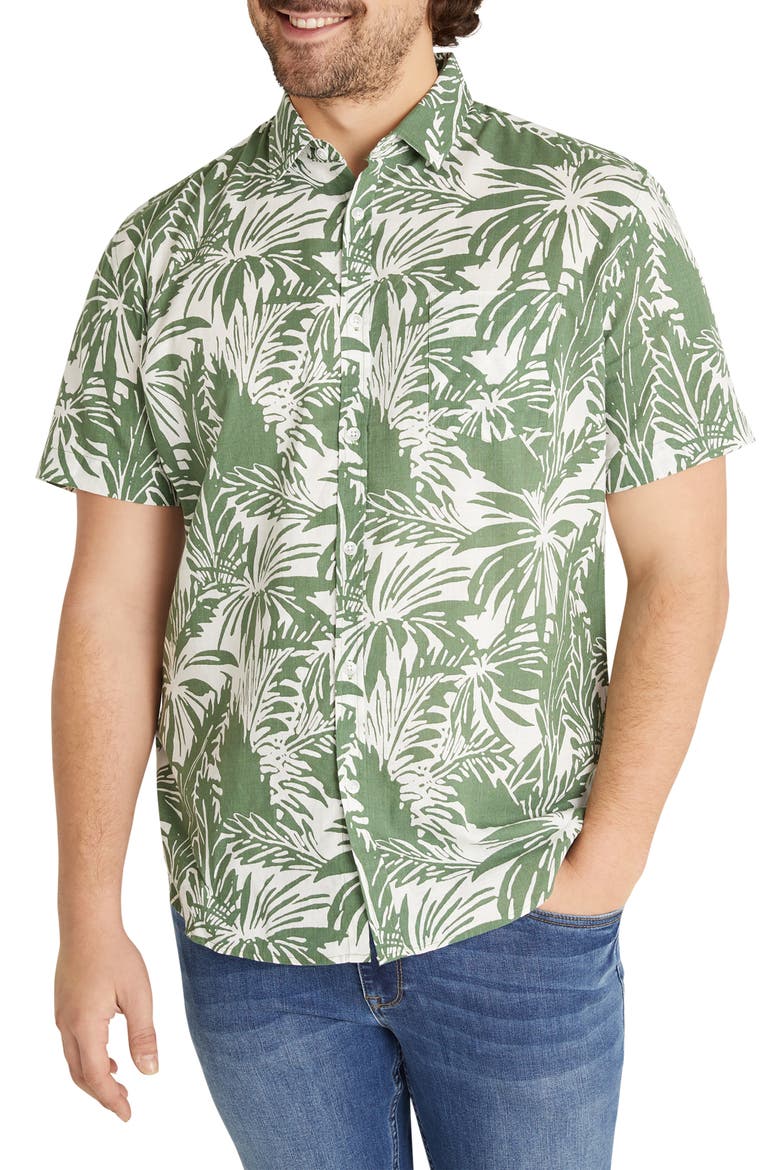 Loxton Classic Fit Leaf Print Short Sleeve Cotton Button-Up Shirt, Main, color, FERN