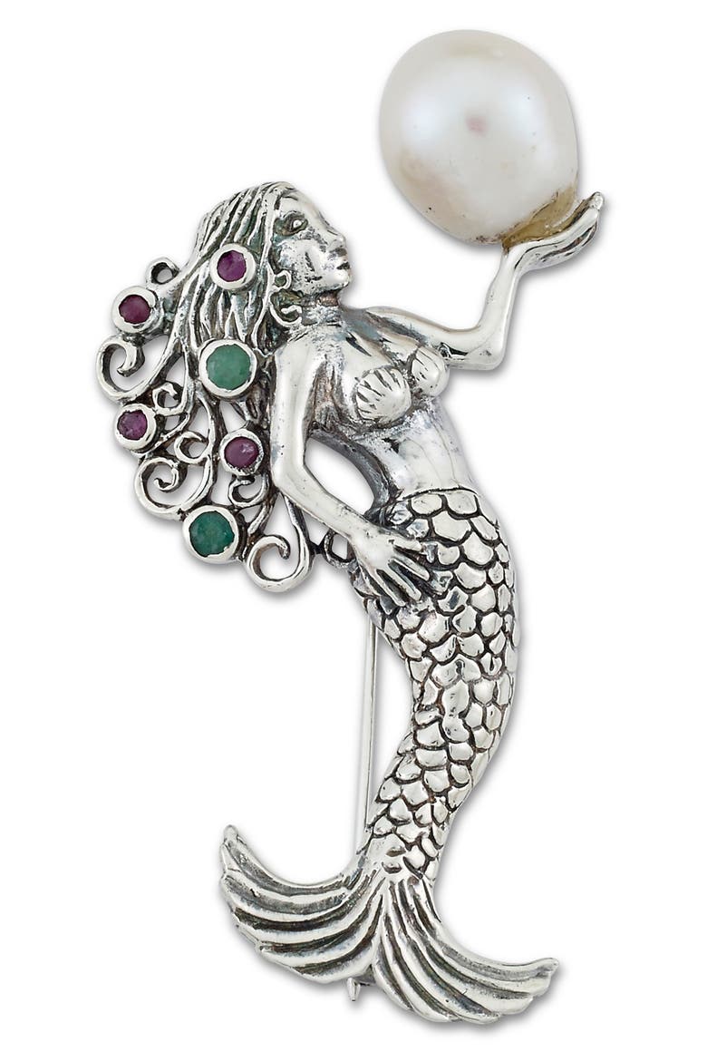 Sterling Silver Mermaid Pendant, Main, color, SILVER/ FAUX PEARL