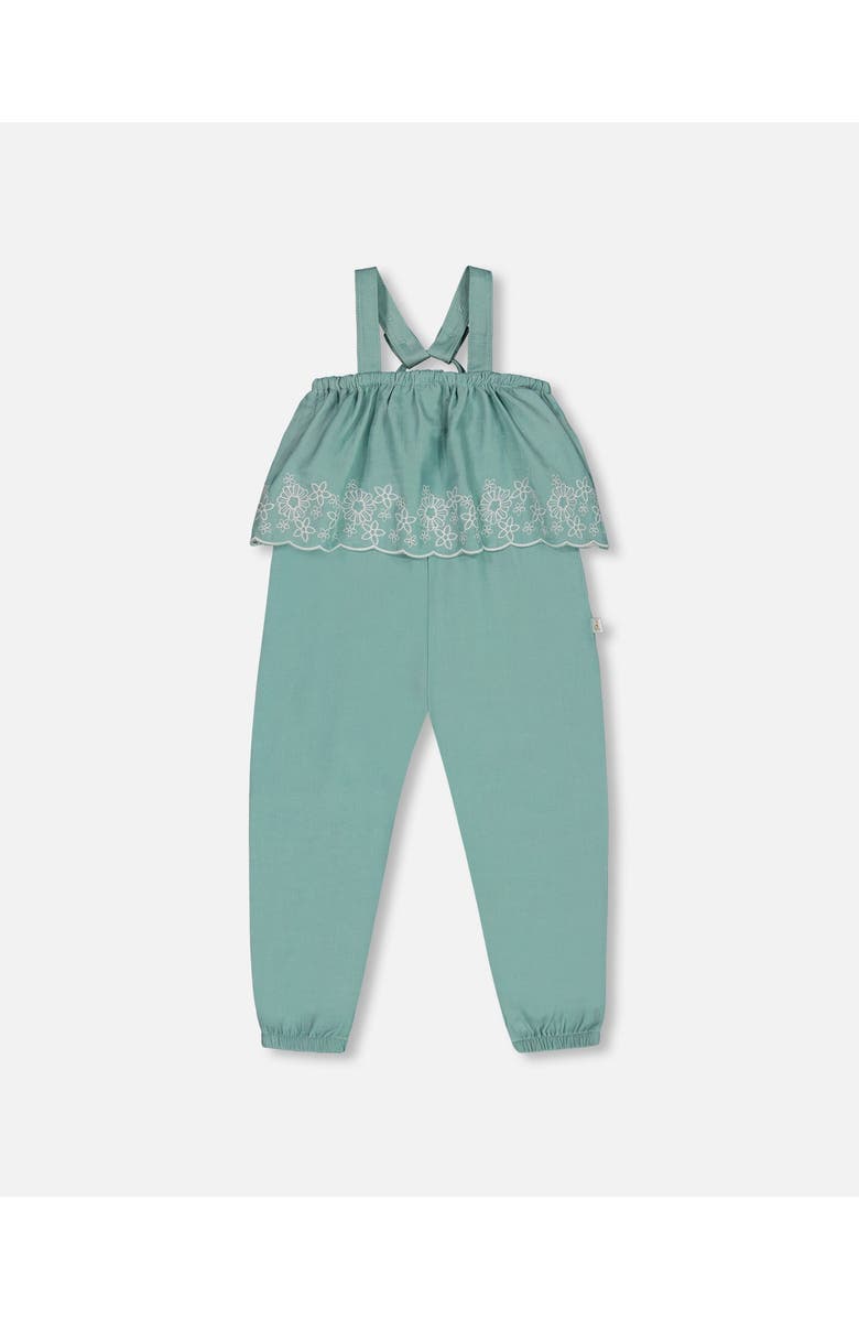 Deux par Deux Little Girl's Chambray Jumpsuit With Embroidery Light Blue, Main, color,