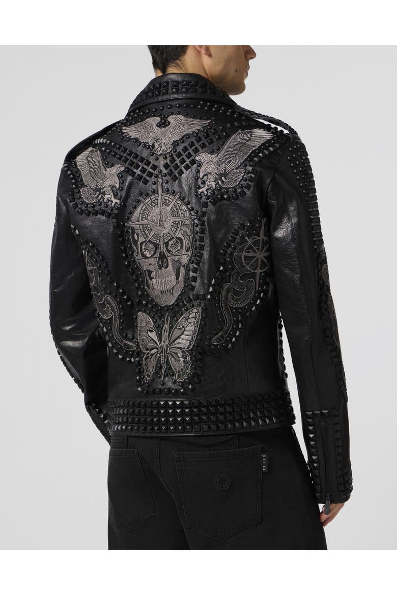 Vintage Leather Biker Jacket Tattoo Patches &Amp; Studs Men, Alternate, color, black
