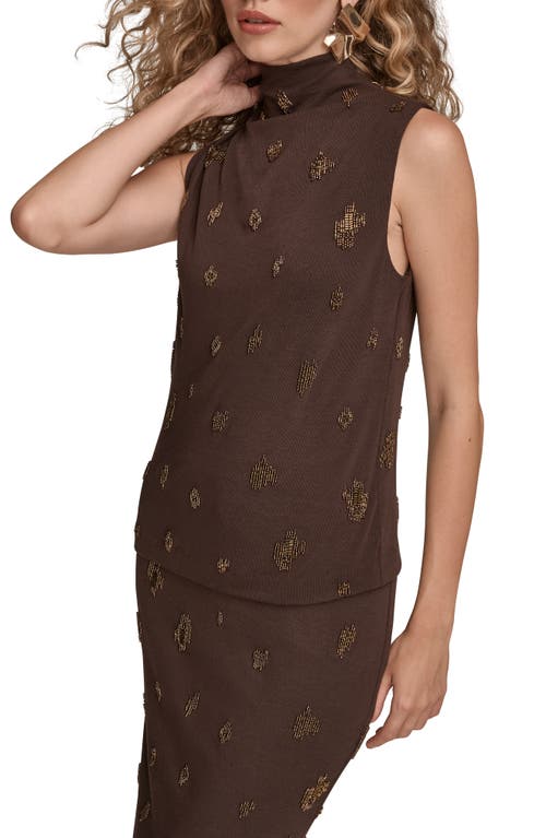 Donna Karan New York Embroidered Bead Sleeveless Funnel Neck Top In Brown