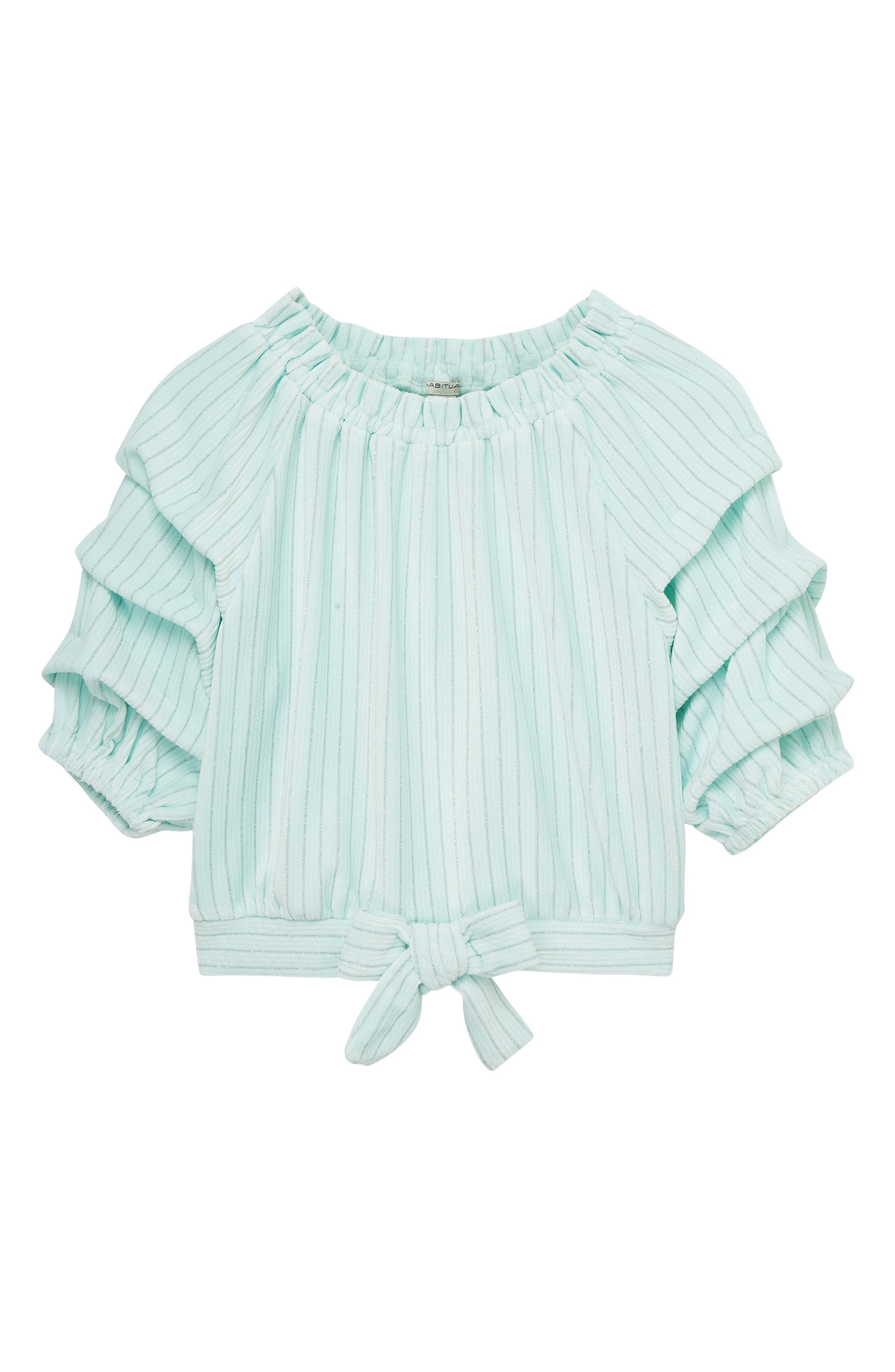 Habitual Kids Kids' Metallic Stripe Gathered Sleeve Velour Top in Aqua 