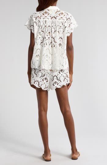 【Farm Rio】 Seashellレースコットンシャツ FARM Rio Seashell Embroidered Eyelet Cotton Button-Up Shirt