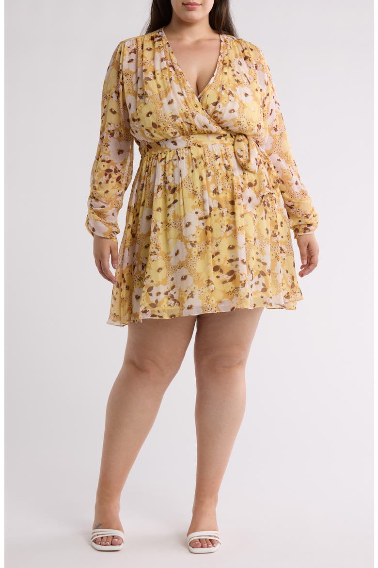 Clara Floral Long Sleeve Silk Wrap Dress, Main, color, AMBER GOLD MULTI
