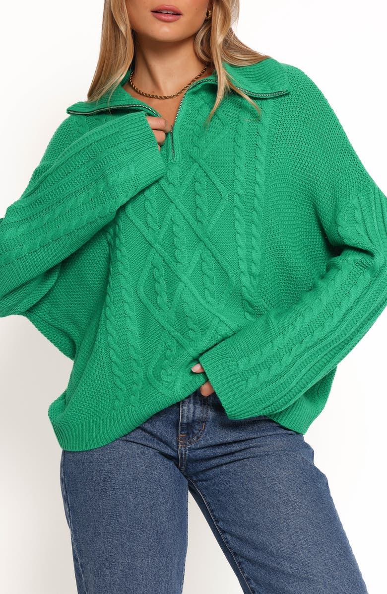 Petal & Pup Leon Oversize Cable Stitch Quarter Zip Sweater, Alternate, color, Green