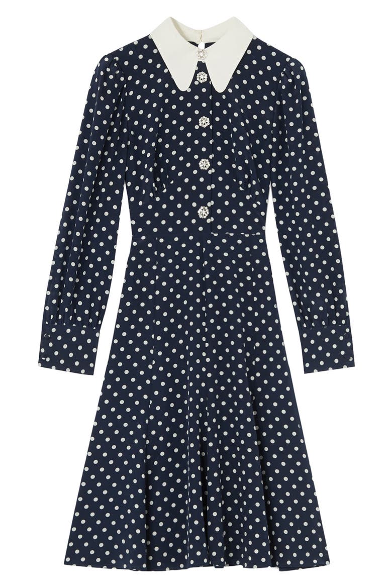 Mathilde Polka Dot Long Sleeve Silk Fit & Flare Dress, Alternate, color, SPRING NAVY/ ANTIQUE