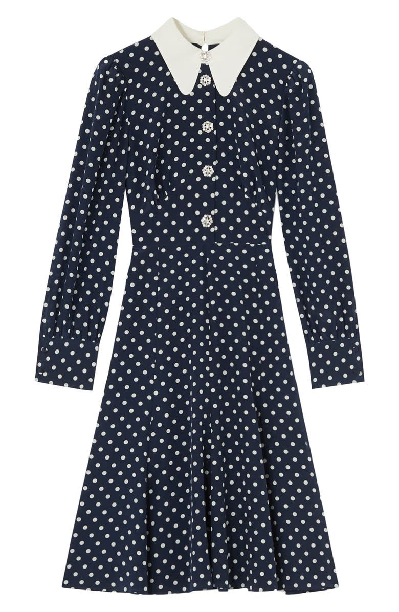 LK Bennett Mathilde Polka Dot Long Sleeve Silk Fit & Flare Dress, Alternate, color, Spring Navy/ Antique