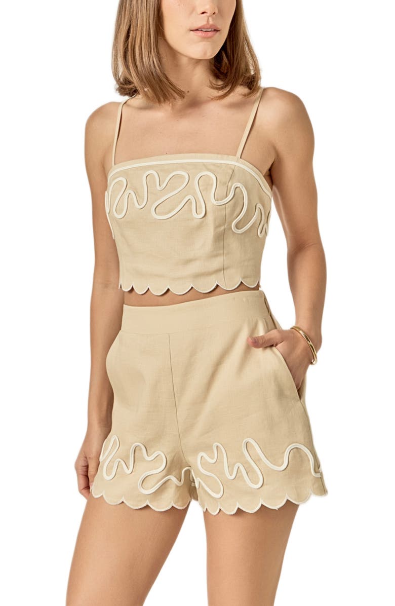 English Factory Embroidered Wavy Linen Shorts, Alternate, color, Beige/ Off White