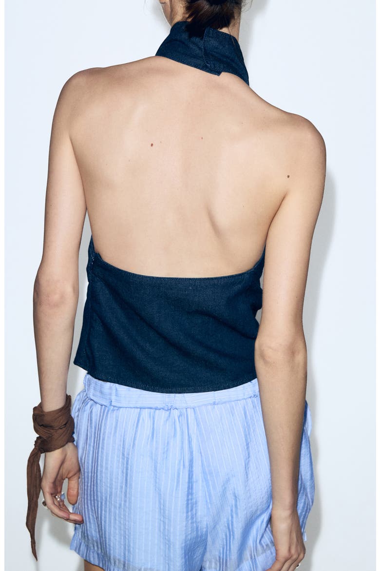 Cowl Halter Neck Open Back Denim Top, Alternate, color, OPEN BLUE