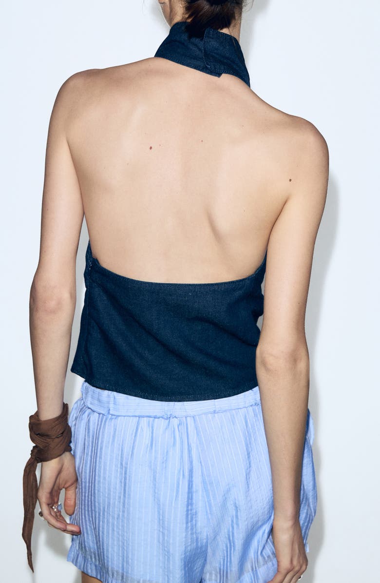 MANGO Cowl Halter Neck Open Back Denim Top, Alternate, color, Open Blue