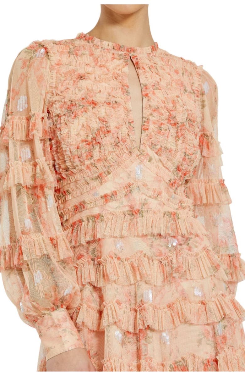 Mac Duggal Key Hole Detail Long Sleeve Dress, Alternate, color, Peach Multi