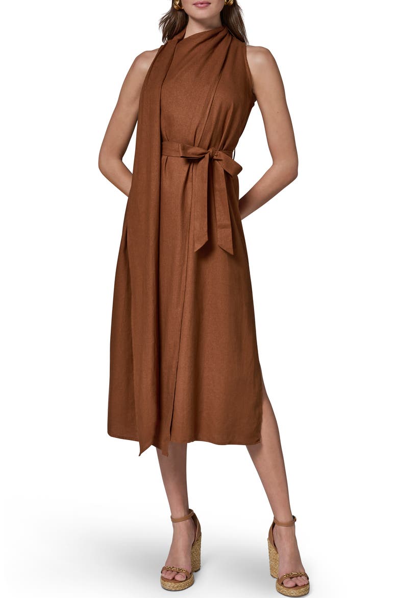 Sleeveless Linen Blend Midi Dress, Main, color, COGNAC